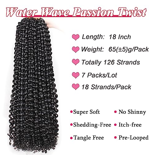 Leeven 7 Packs Passion Twist Braiding Hair for Butterfly Locs Natural Black Water Wave Crochet Passion Twist Hair for Women 18 Inch Long Bohemian Braids Synthetic Crochet Hair 1B#