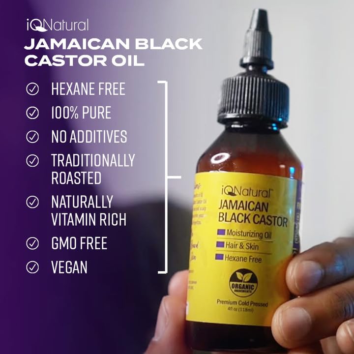 IQ Natural Jamaican Black Castor Oil for Hair and Skin Conditioning, 100% Pure Cold Pressed, Scalp, Nail and Hair Oil - (Unscented) (4oz)