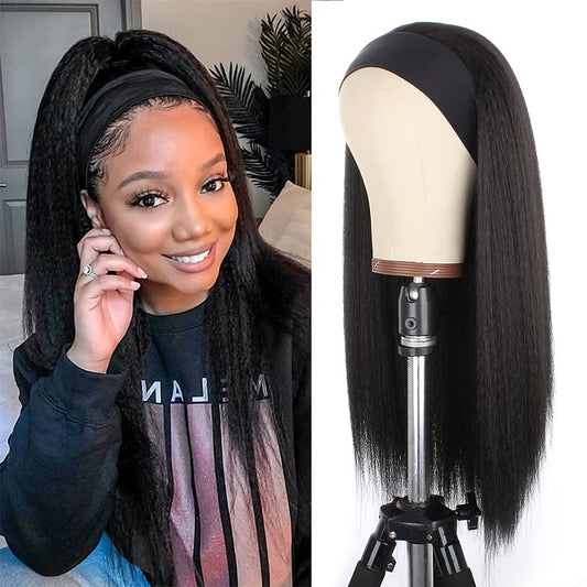 Xtrend 22Inch Yaki Straight Headband Wig for Women Long Black Afro Kinky Straight Wig Headband Synthetic Wigs, Glueless Synthetic Wigs, None Lace Front Headbands Wigs with Headband Attached