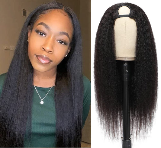 U Part Wig Human Hair Kinky Straight Wigs for Black Women, 10 inch Half Wig 2x4 U Shape Clip in Wigs None Lace Front Wigs No sewing No Glue