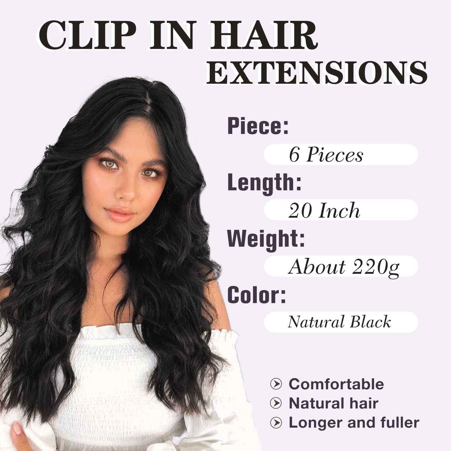 NAYOO Clip in Hair Extensions for Women 20 Inch Long Wavy curly Natural Black Hair Extension Full Head Synthetic Hair Extension Hairpieces (6PCS, Natural Black)