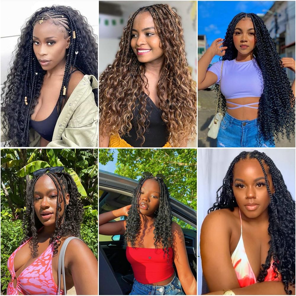 Datanala Goddess Box Braids Crochet Hair 8Packs 18Inch Boho Box Braids with Curly Ends Bohemian Crochet Braids for Black Women Synthetic Goddess Braids Crochet Hair (T30#, 18inch)