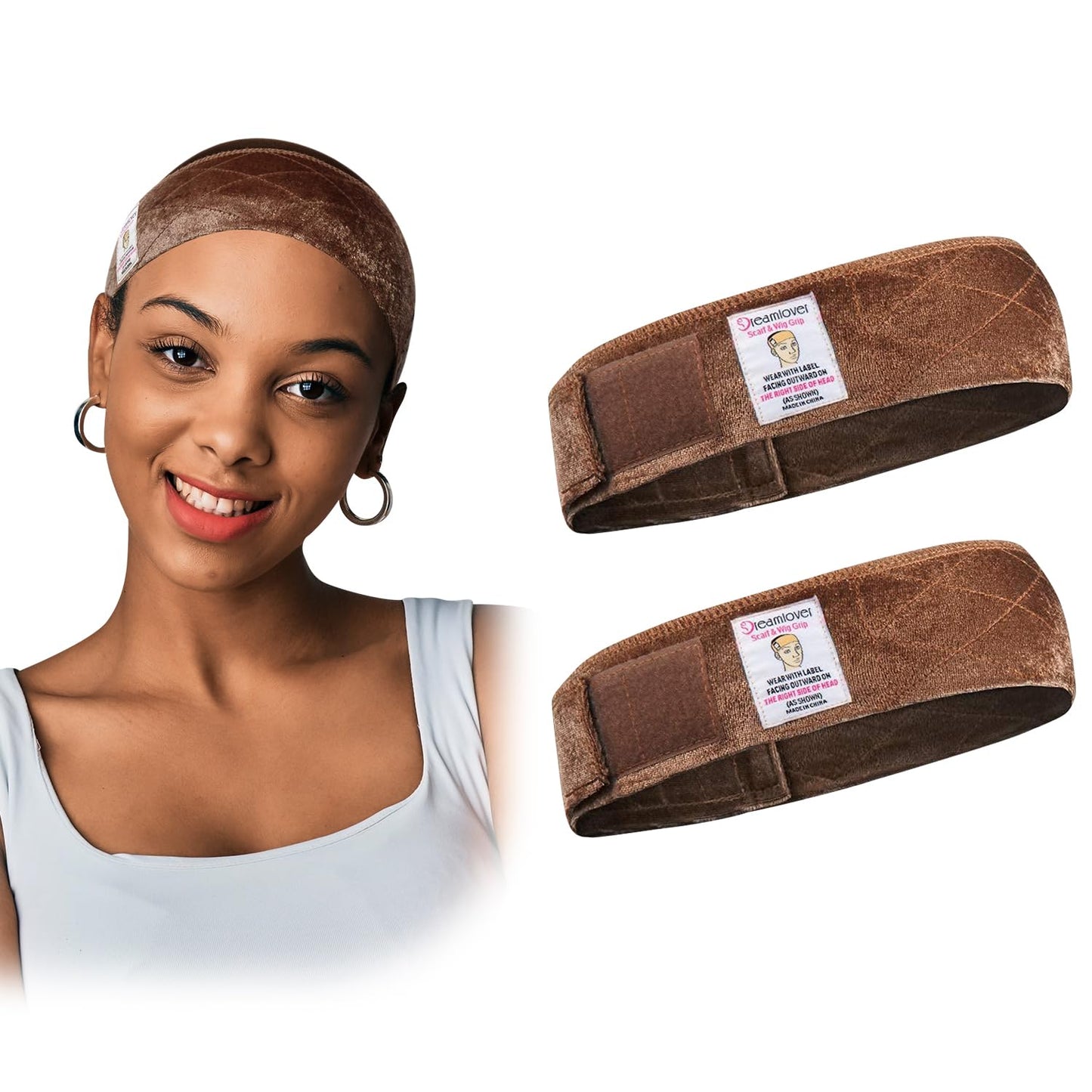 Dreamlover 2 Pieces Elastic Wig Grip Headband, Adjustable Thin Velour Wig Scarf Hat Grip Band, Brown