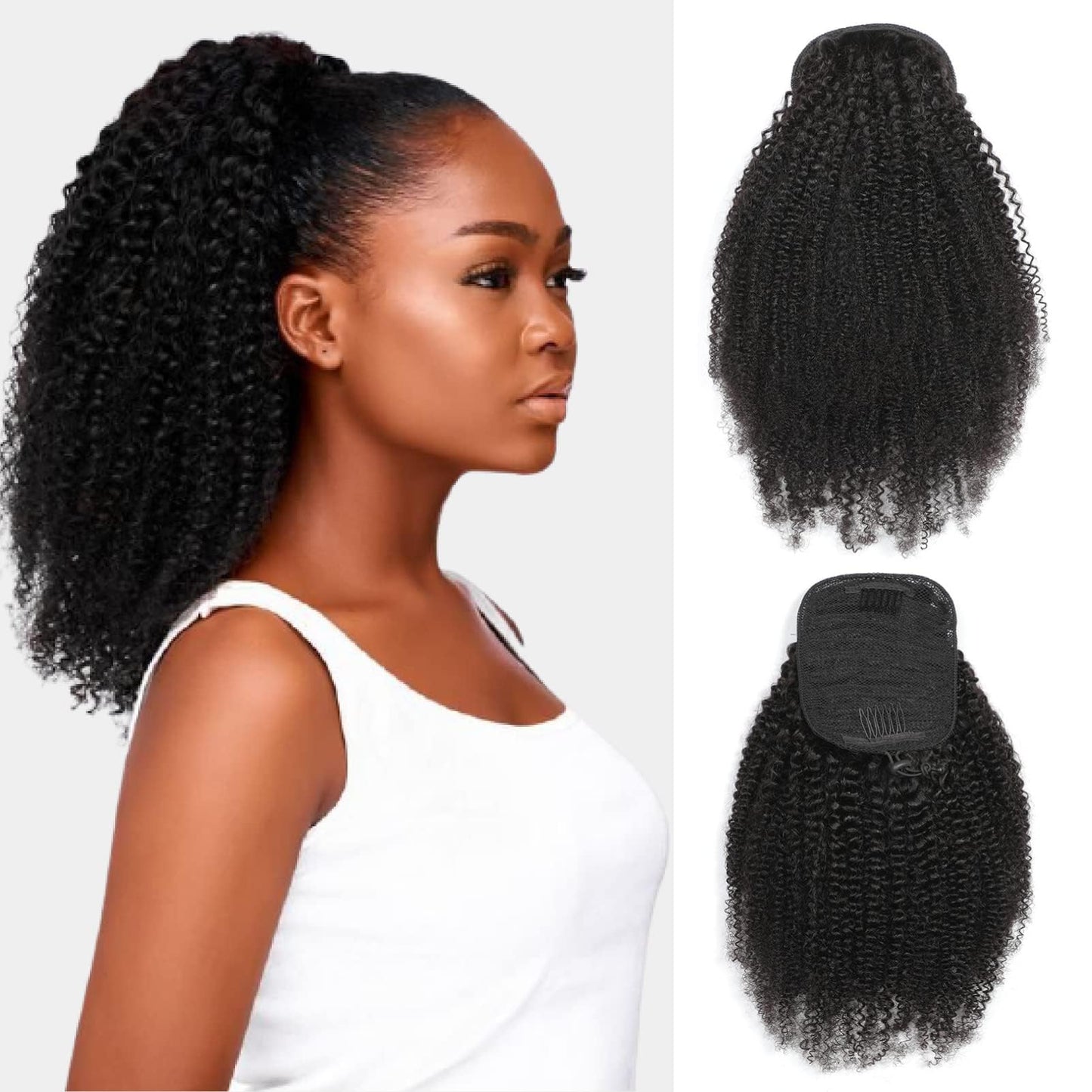 Afro Puff Drawstring Ponytail Human Hair Afro Kinky Curly Ponytail Drawstring Ponytail 4C for Black Women Natural Black Ponytail Extension Human Hair 18 Inch