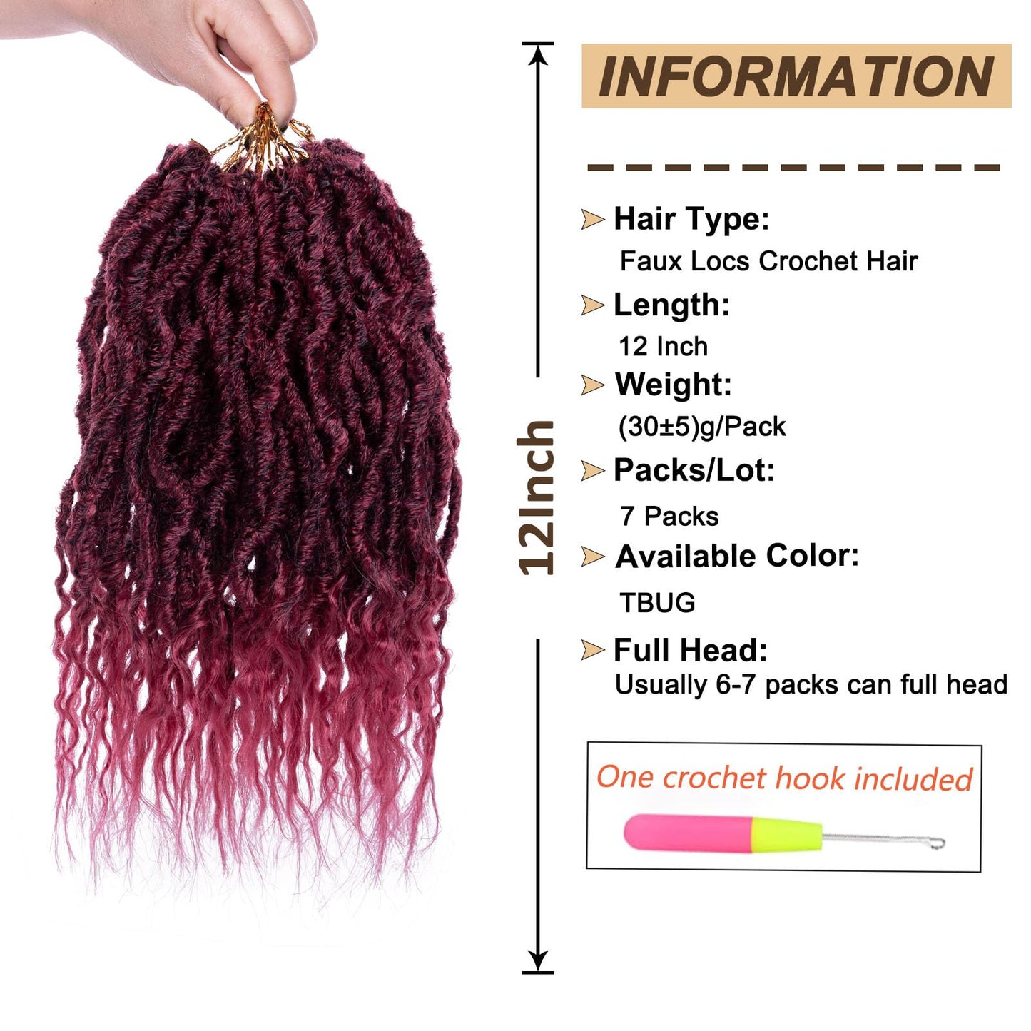 RuiYok Faux Locs Crochet Hair 7Packs 12 Inch Ombre Burgundy Wavy Goddess Locs Crochet Hair Pre-looped Soft Locs With Curly Ends Dreadlocks Faux Crochet Locs Synthetic Hair Extensions (TBUG#)