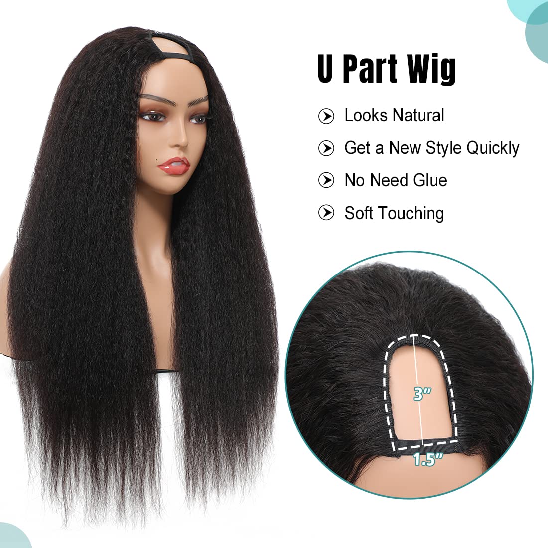 U Part Wig Human Hair Kinky Straight Wigs for Black Women, 10 inch Half Wig 2x4 U Shape Clip in Wigs None Lace Front Wigs No sewing No Glue