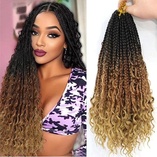 Datanala Goddess Box Braids Crochet Hair 8Packs 18Inch Boho Box Braids with Curly Ends Bohemian Crochet Braids for Black Women Synthetic Goddess Braids Crochet Hair (1B/30/27#, 18inch)