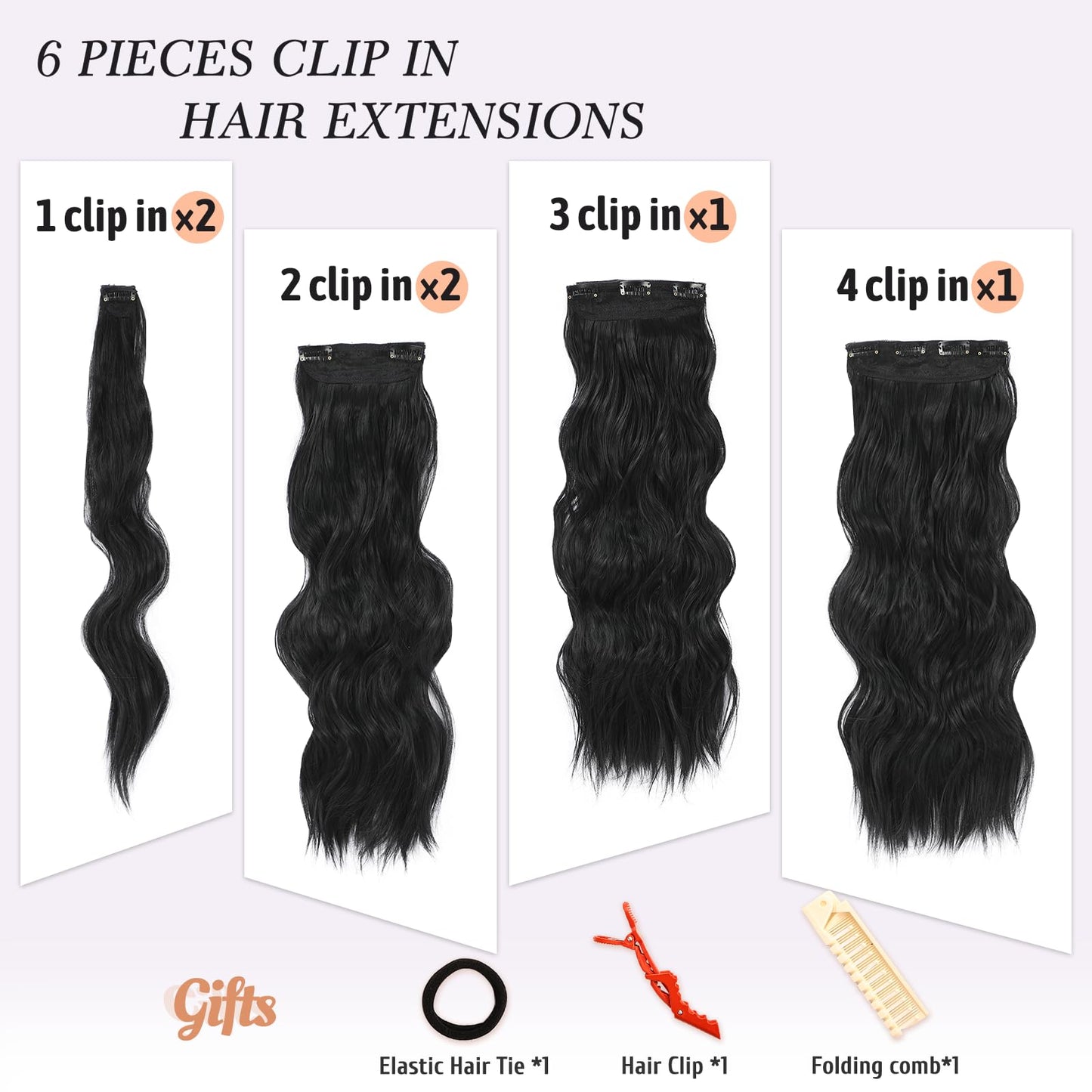 NAYOO Clip in Hair Extensions for Women 20 Inch Long Wavy curly Natural Black Hair Extension Full Head Synthetic Hair Extension Hairpieces (6PCS, Natural Black)