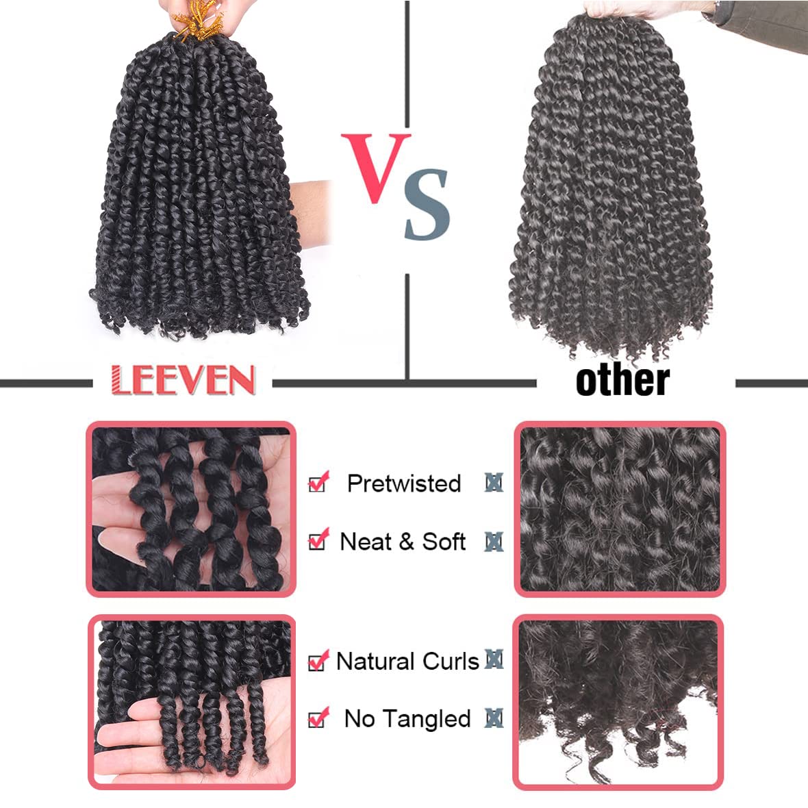 Leeven 8 Packs Pre Twisted Passion Twist Crochet Hair , Pre looped Curly Synthetic Bohemian Braiding Hair Extensions, 12 Strands/Pack ,