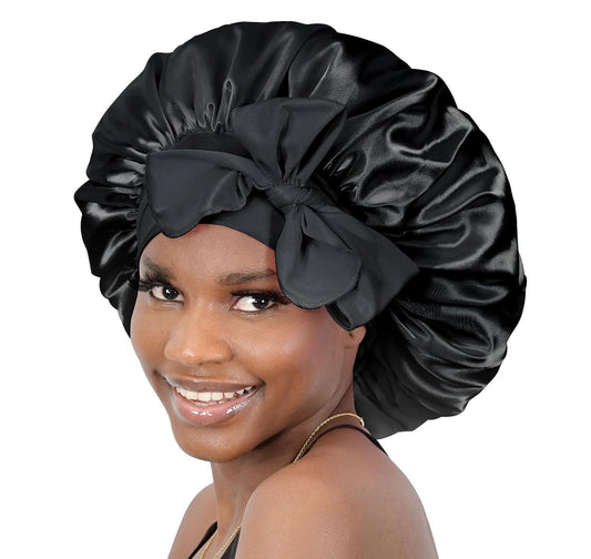 Silk Bonnet, Satin Bonnet Hair Bonnet for Sleeping, Adjustable Bonnet Tie Bonnets Night Cap Sleep Cap Hair Wrap for Women Curly Hair, QUEEN, Black