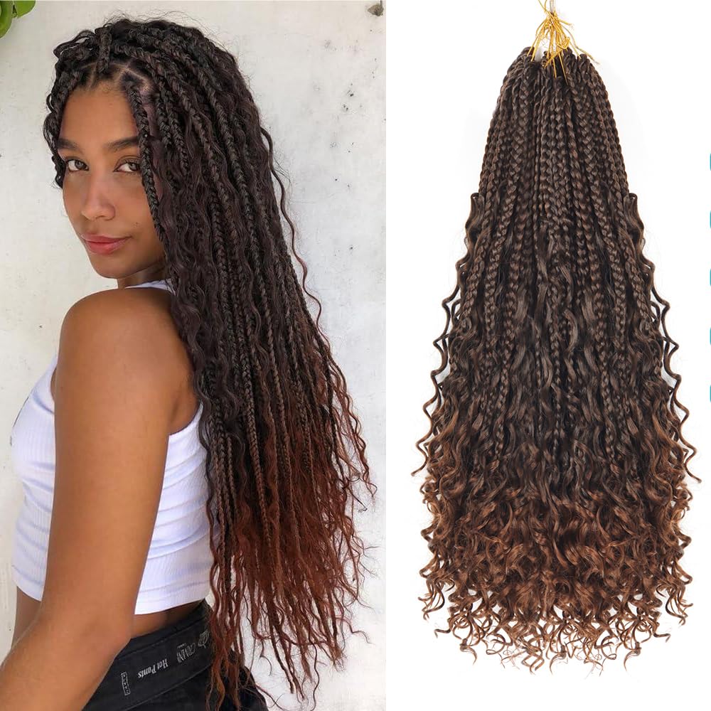 Datanala Goddess Box Braids Crochet Hair 8Packs 18Inch Boho Box Braids with Curly Ends Bohemian Crochet Braids for Black Women Synthetic Goddess Braids Crochet Hair (T30#, 18inch)