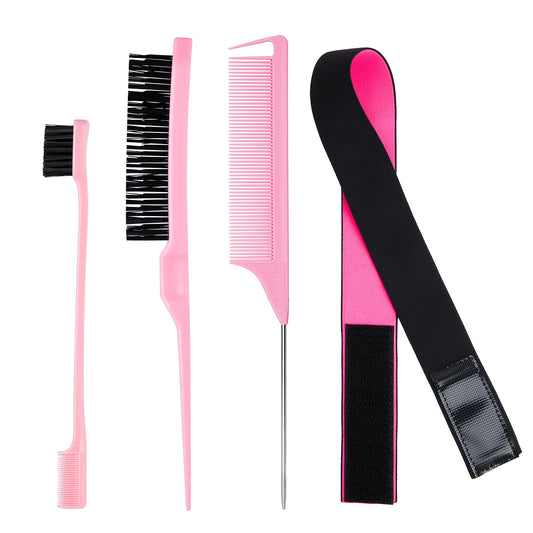 4 Pcs Hair Styling Comb Set Pink - Needle Tail Comb, Boar Bristle Brush, Dual Edge Brush, Elastic band for Wigs - Edges Back Brushing Combing Slicking - Women Girls Stylists Baby Beauty Accessories