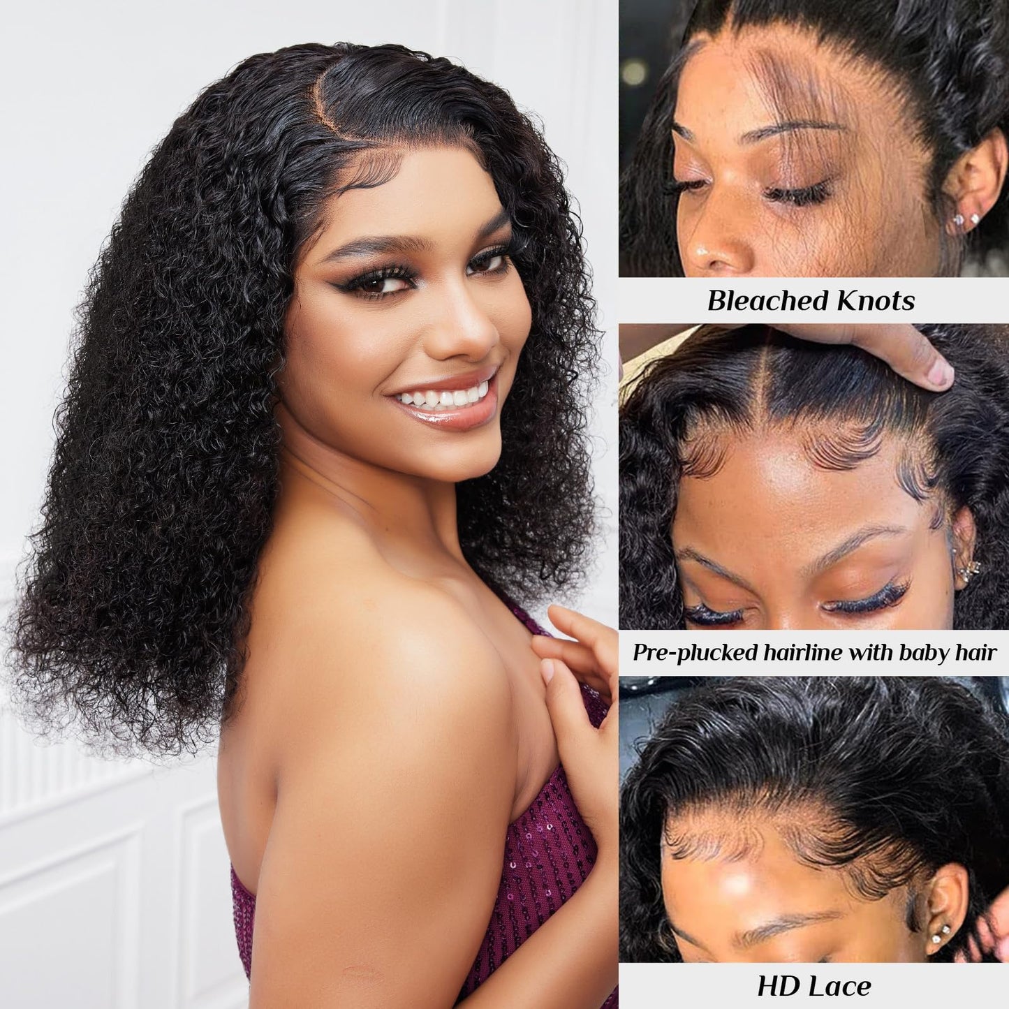 Jessica Hair Black Women Curly Brazilian Virgin Hair Lace Front Wigs Human Hair Wigs Glueless with Baby Hair(14 inch with 150% density)