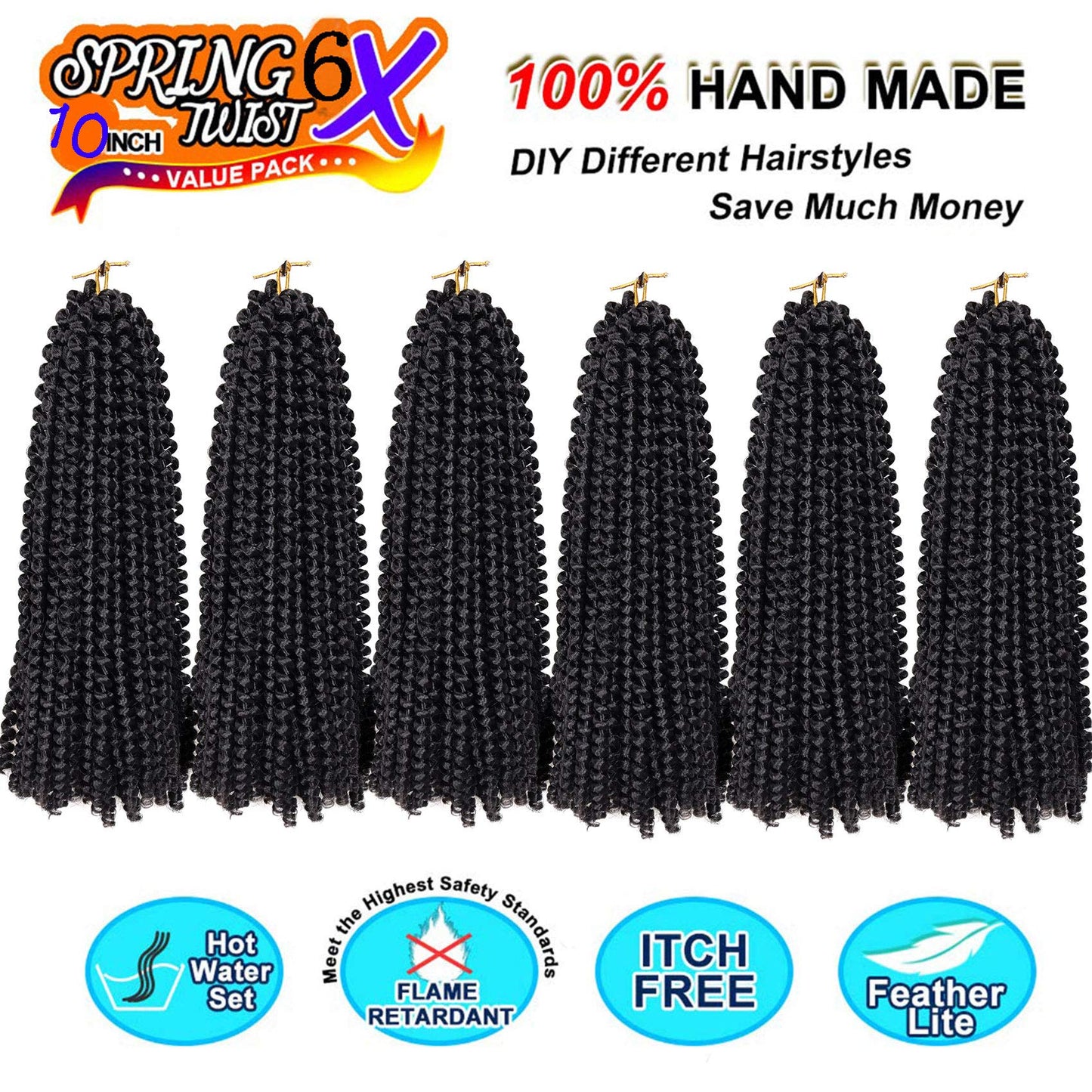 6 Packs Spring Twist Crochet Braiding Hair, Synthetic Fiber