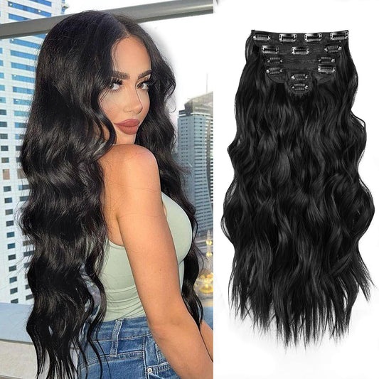 NAYOO Clip in Hair Extensions for Women 20 Inch Long Wavy curly Natural Black Hair Extension Full Head Synthetic Hair Extension Hairpieces (6PCS, Natural Black)