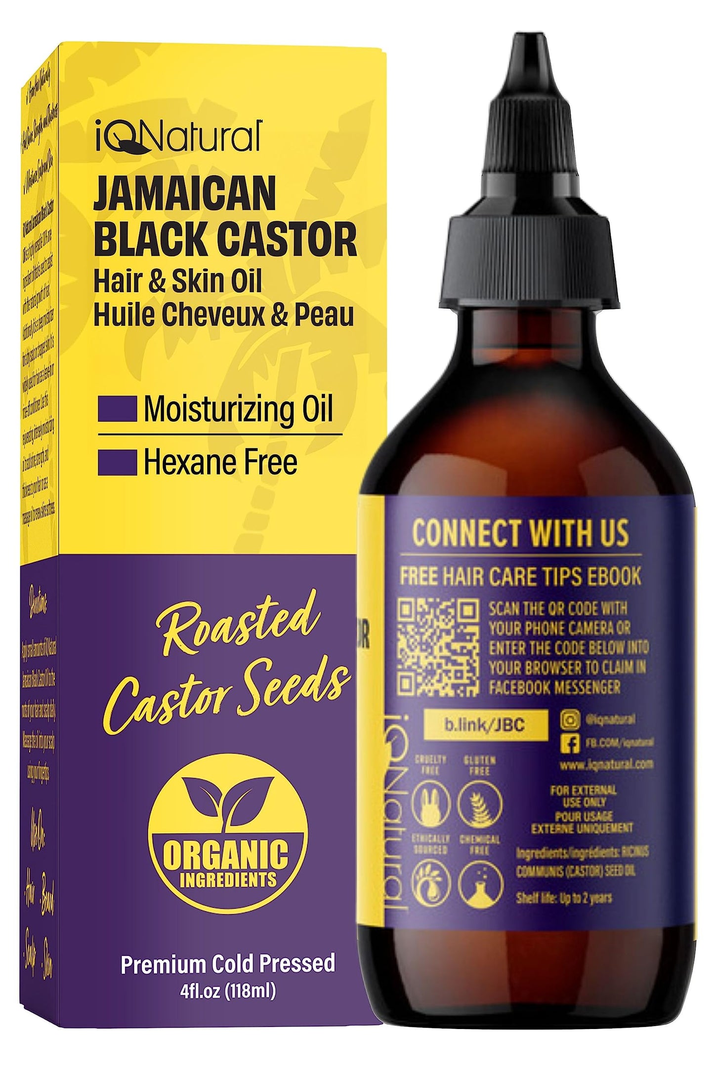 IQ Natural Jamaican Black Castor Oil for Hair and Skin Conditioning, 100% Pure Cold Pressed, Scalp, Nail and Hair Oil - (Unscented) (4oz)