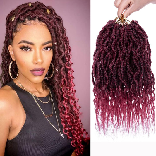 RuiYok Faux Locs Crochet Hair 7Packs 12 Inch Ombre Burgundy Wavy Goddess Locs Crochet Hair Pre-looped Soft Locs With Curly Ends Dreadlocks Faux Crochet Locs Synthetic Hair Extensions (TBUG#)