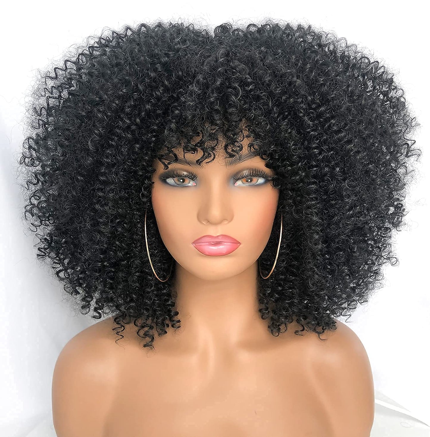 RunM Short Curly Afro Wig With Bangs for Black Women Kinky Curly Hair Wig Afro Synthetic Full Wigs（Black）